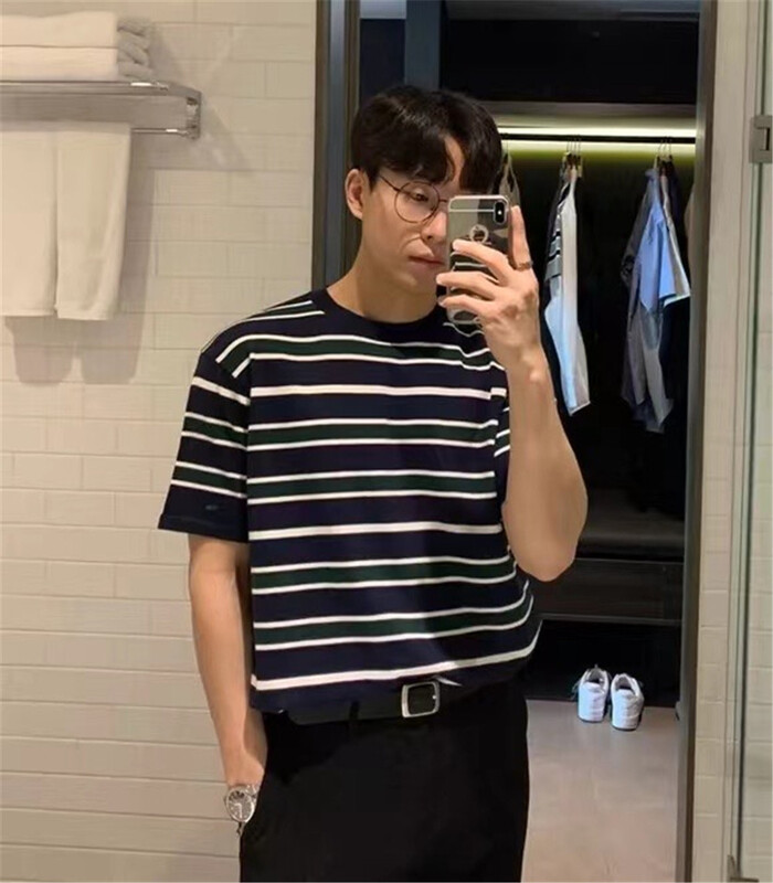 [x.t] round neck versatile stripe knitted short sleeve T-shirt m1266# ZZL