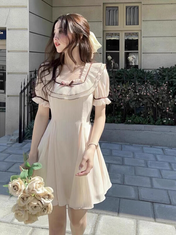 New in early summer! [smile baby] French girl's heart square neck splicing dress b3003# WPL