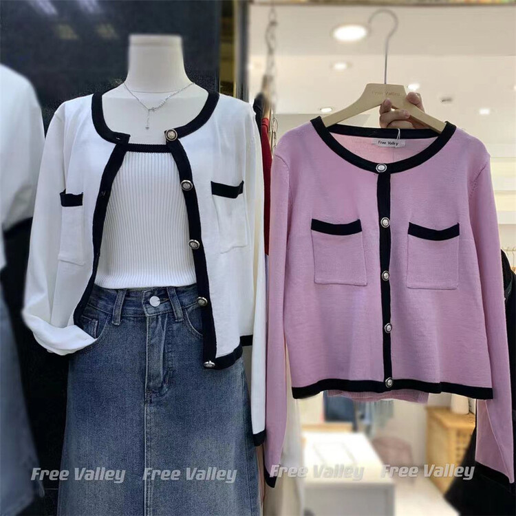 New in early summer! [free Valley] color blocked edge loose Vintage casual knitted cardigan (with vest) 6752# LSW