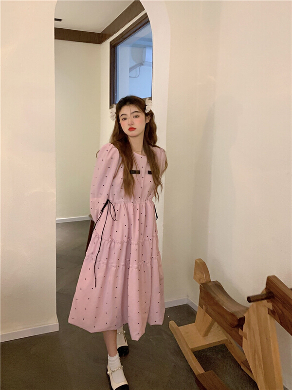 New in early summer! [timely rain] Han Feng ins sweet aging design wave point drawstring waist dress (only dresses) 43158# WPL