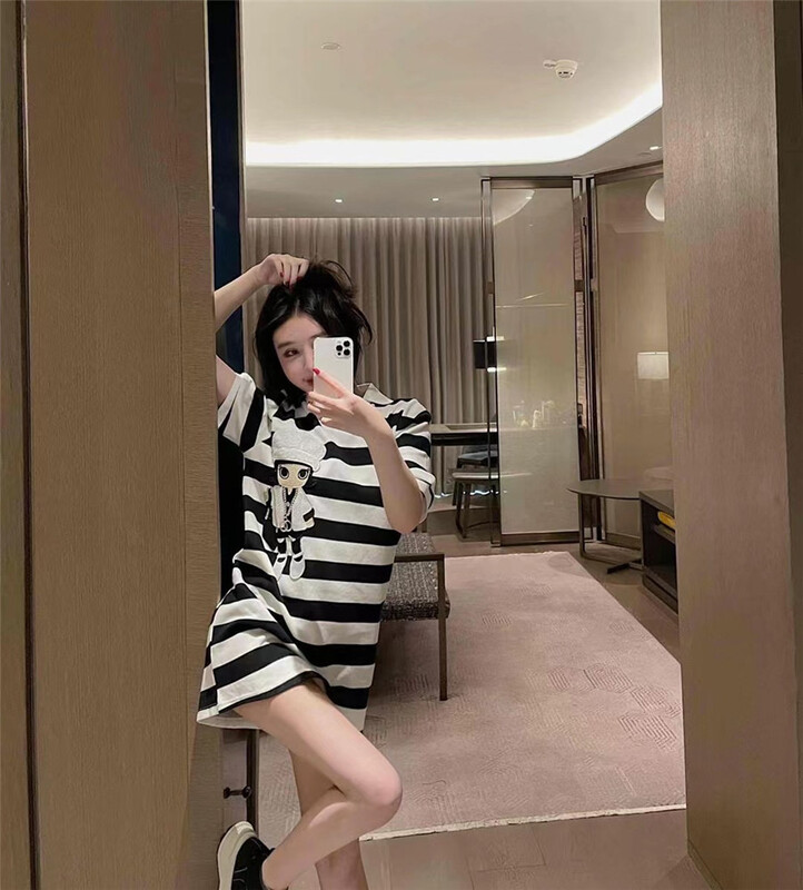 [big C studio] Korean casual stripe embroidered dress 1099# PCZ
