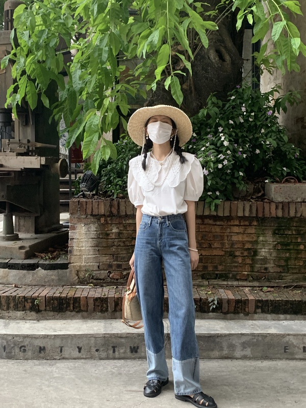 New in early summer! [meet + studio] Korean lace doll neck sweet one button short sleeve T-shirt 59512# LSL