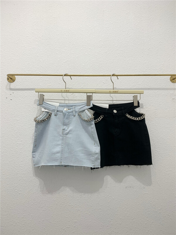 [u.she] Korean chain decoration thin denim skirt 32167# cqw