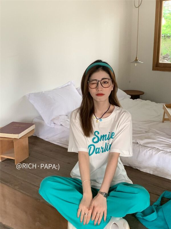 [rich Papa] Korean loose letter printed short sleeve T-shirt t281# zxx
