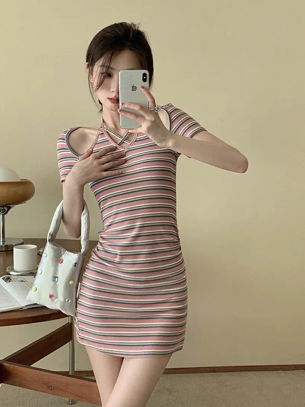 [blue show] pure wind stripe hollowed out fake two-piece slim fitting dress 6031# LSW