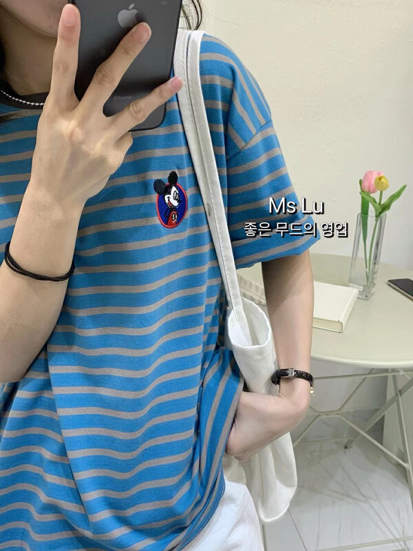 [Xiaoxiaojia] striped little Mickey embroidered short sleeve T-shirt 80601# WTT