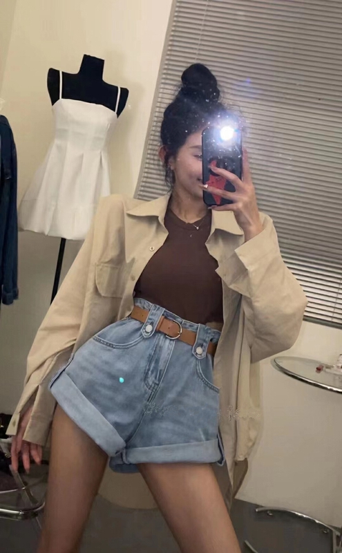 [AI x2 denim] Korean high waist versatile denim shorts (with belt) 6171# hjy