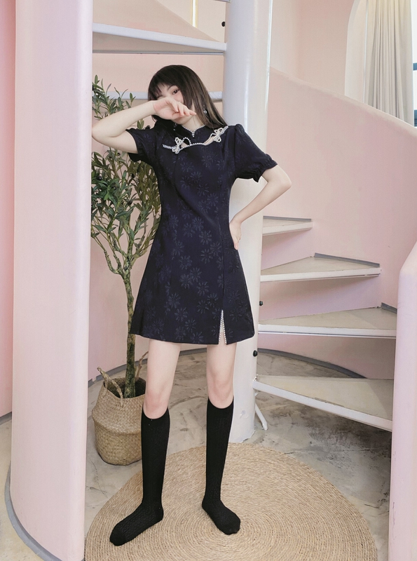 【TWINS】設計感國風刺繡珍珠鏈顯瘦旗袍連衣裙  8079#  HJY