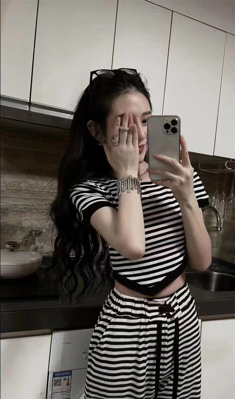 [top] crew neck stripe short sleeved T-shirt + drawstring casual pants set ys1-7002# zjy