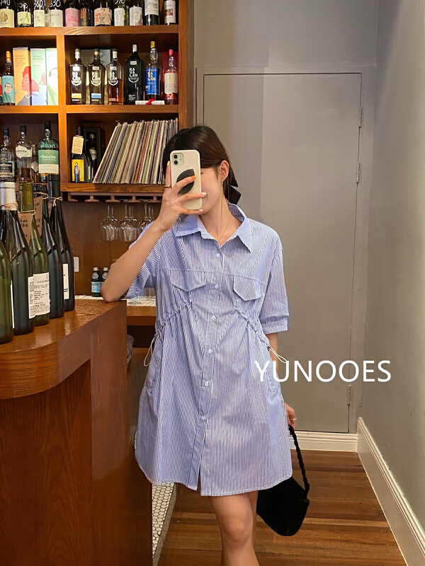 [yunooes] Korean drawstring design shirt dress 8032-1# LSL