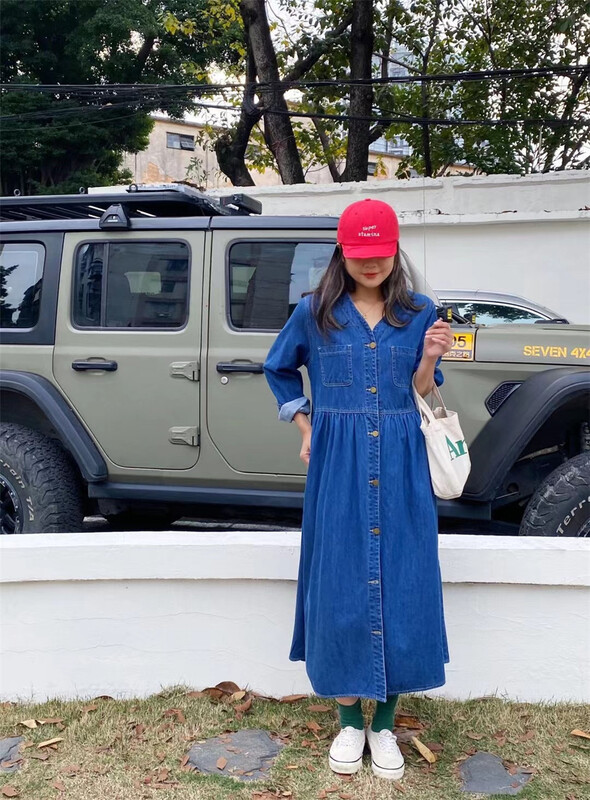 New year in early spring! [one seven] Korean retro V-neck loose long denim dress nz1236# LSL