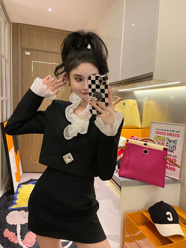 [ala] contrast color personalized versatile short coat + slim skirt cover set t1108-1# JJ