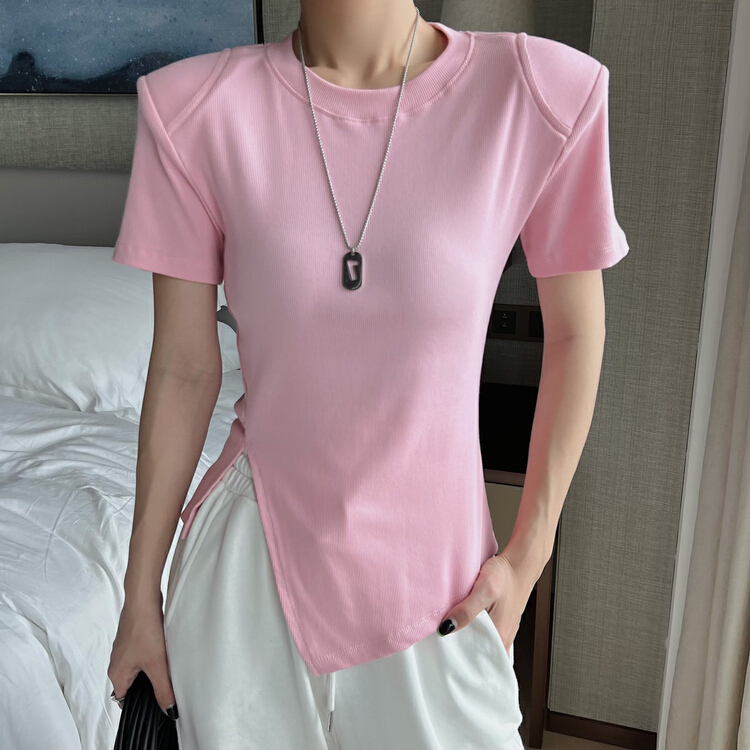 New in early summer! [Yuanxi] diagonal slit shoulder pad design versatile short sleeve T-shirt ys3-3037# LSL