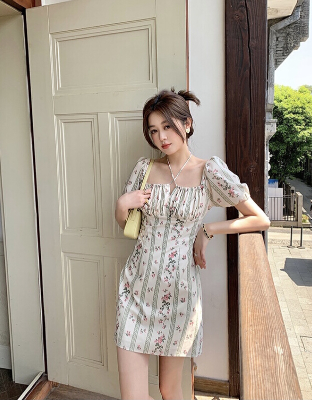 [savage] Korean lace up bow tie square neck bubble sleeve dress e8150# WPL