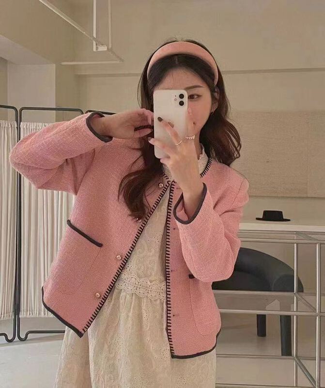 goods in stock! [RS] small fragrance color contrast edge double pocket short coat dh2000# XYY