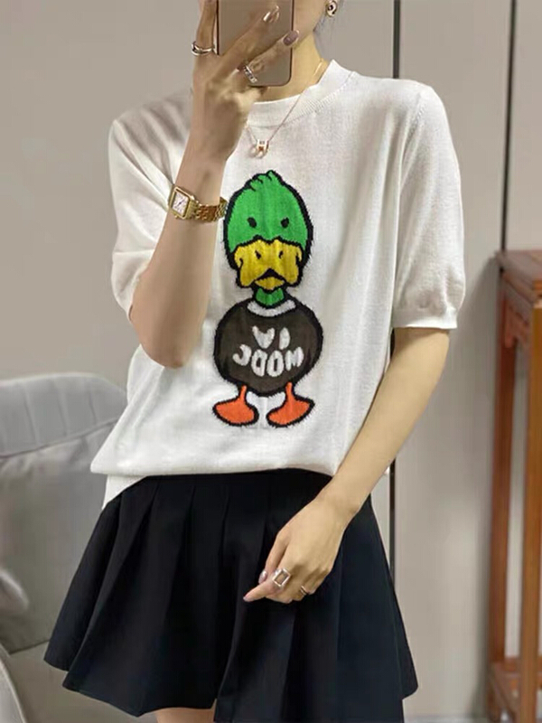 New in early summer! [f · P] cartoon duck embroidery short sleeved sweater s078# HBx