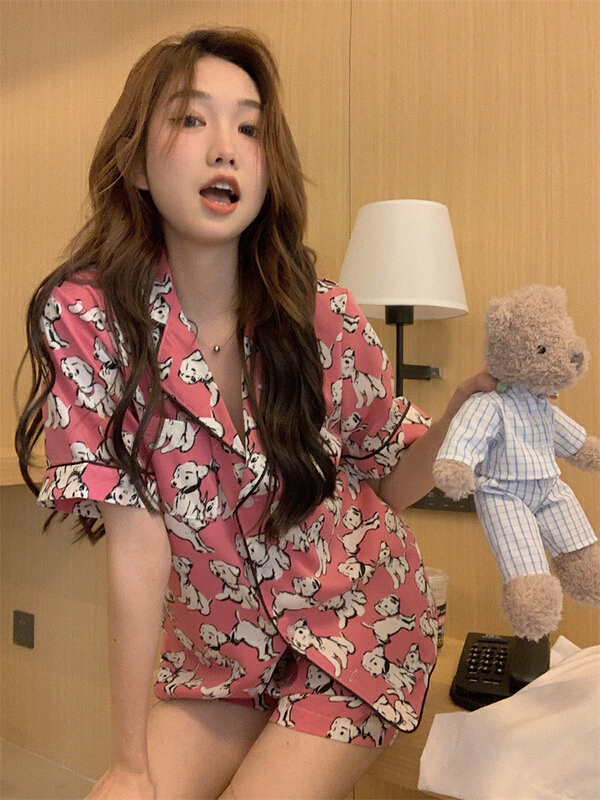 [timely rain] Han Feng ins design sense Dog Print short sleeve home clothes pajama set 40405# WPL