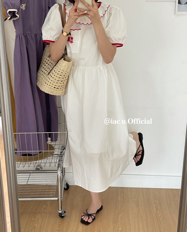 [IAC studio] Korean embroidered lace up waist slim dress 8917# LSW