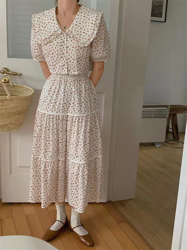 New in early summer! [Mimosa] Korean version of Lady temperament broken flower large lapel single breasted shirt + elastic waist suit 1208# hjy