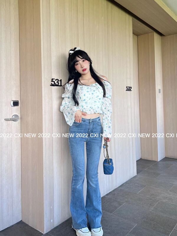 New year in early spring! [CXI] high waist pearl design slim and slightly flared jeans 1159# jhy