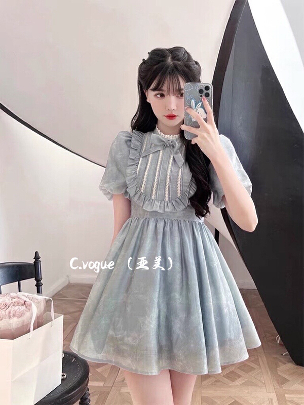 goods in stock! [c.vogue] French Vintage tie dyed lace stitched bubble sleeve dress (only skirts) 88190# PCZ
