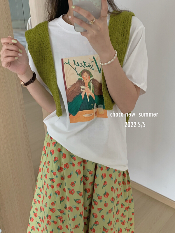 [choco] Pullover retro girl oil painting short sleeve T-shirt 8188# HBx