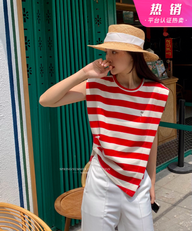 [neihe] irregular shoulder pad design stripe short sleeve T-shirt 22266# zxx