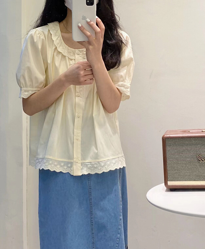 初夏上新!【ISO韓系】韓版花邊方領排扣小衫  3060#  HJY