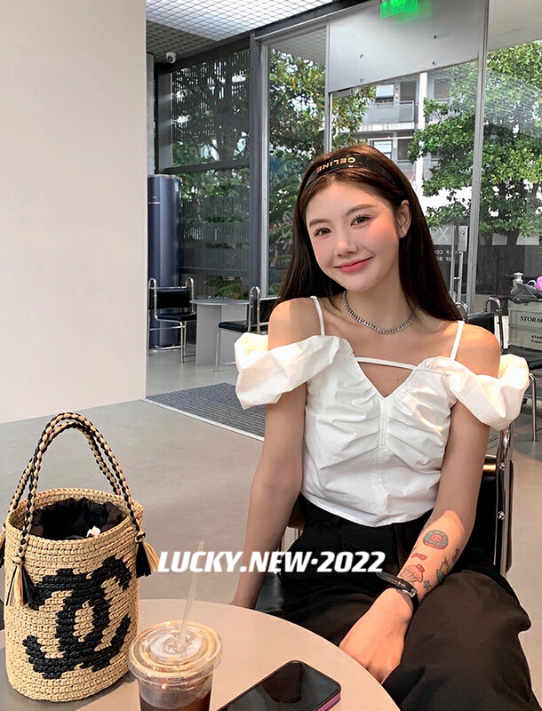 [lucky] one shoulder V-neck careful machine sweet thin shirt 8759# zxx