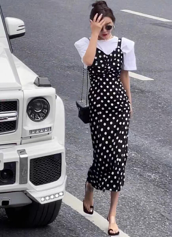 goods in stock! New in early summer! [mi ni] wave point suspender dress + versatile short sleeve suit 2793# PCZ