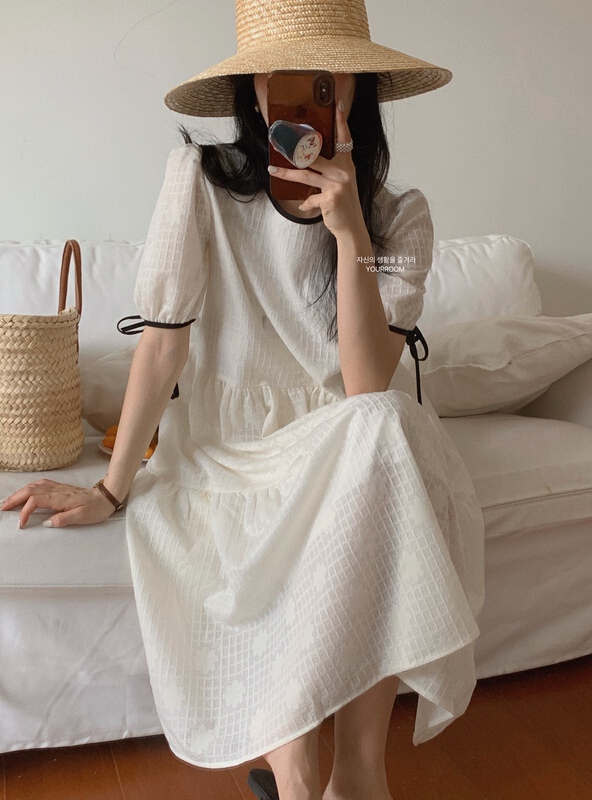 [your room] Korean version color contrast edge bubble sleeve loose dress 1121# cqw