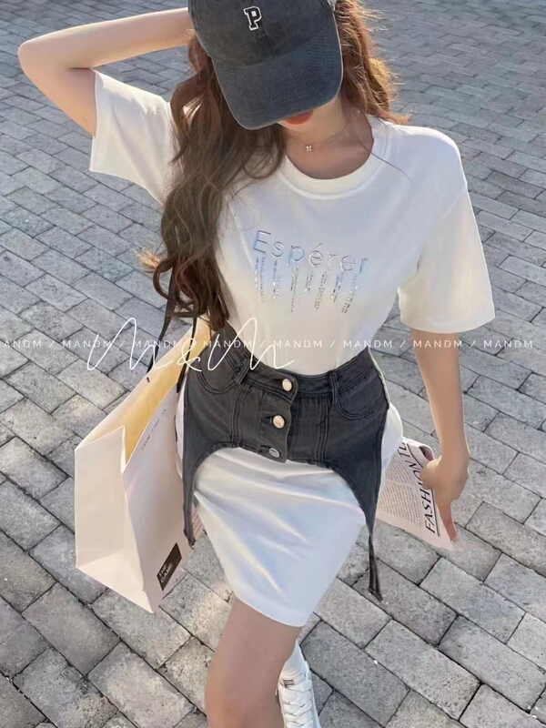 goods in stock! [top] personalized letter short sleeved dress + denim waist seal two-piece suit ys1-a311# ZSY