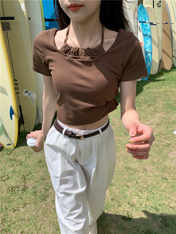 [timely rain] design feeling sweet and spicy thin hanging neck short sleeve T-shirt 17159# WPL