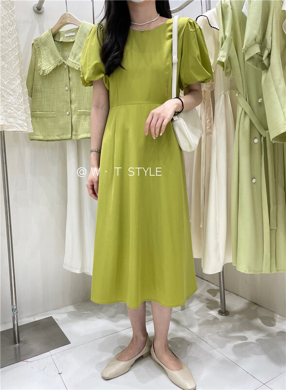 [wt] round neck bubble sleeve back hollowed out dress a9309# HBx