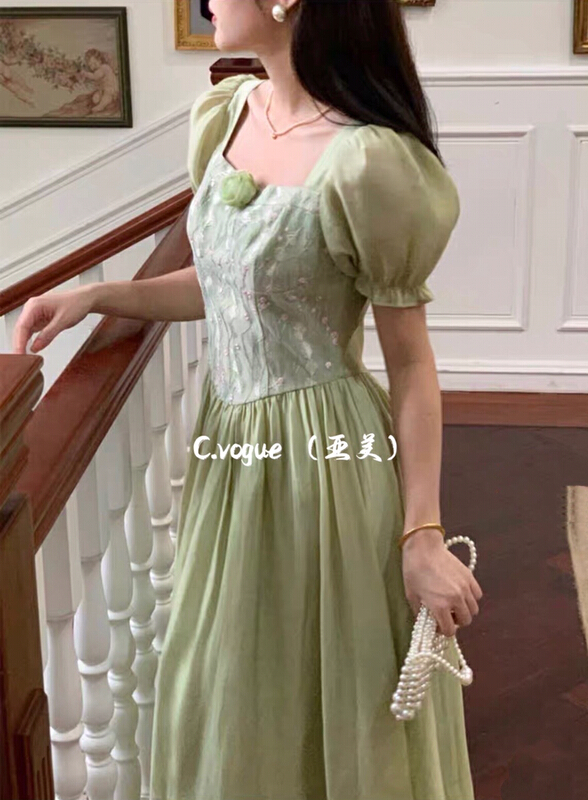 [c.vogue] French minority embroidery stitching waist closing thin dress 29932# PCZ
