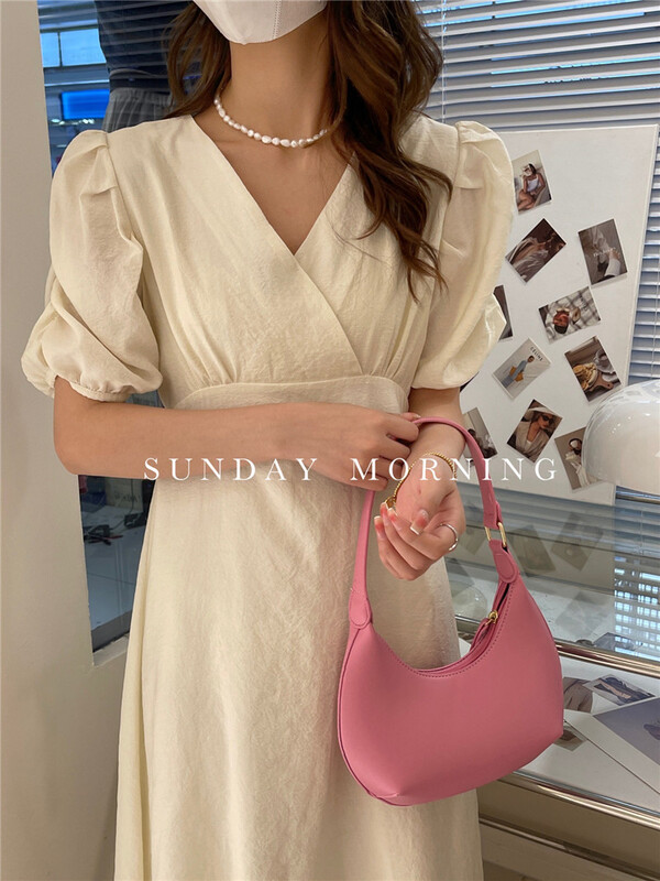 "SUNDAY MORNING" French V-neck bubble sleeve waist dress 9114# ZJY