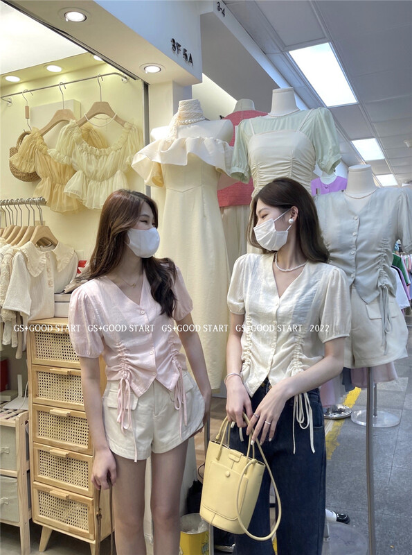 New in early summer! [GS. Good star] Korean version of little women's V-neck drawstring blouse 22188# hjy