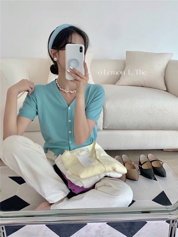 [lemon green tea] Korean fashion simple short sleeved knitted cardigan 00-200 \hjy