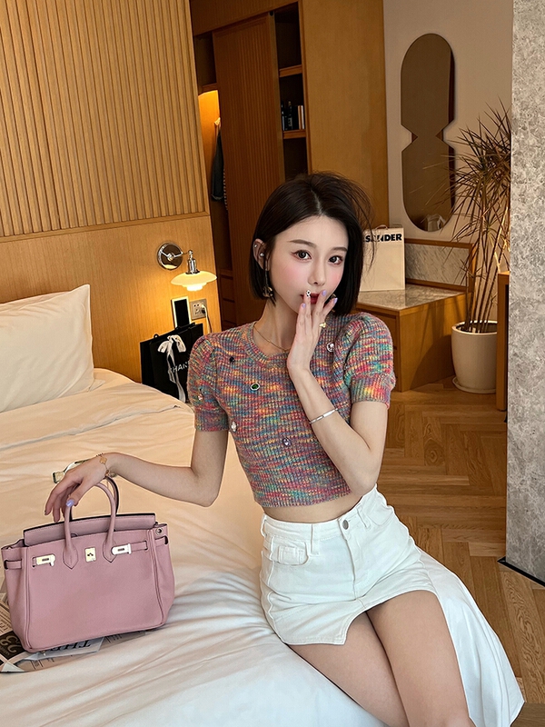 [pan] bubble sleeve short slim fitting rainbow sweater 00270\pcz