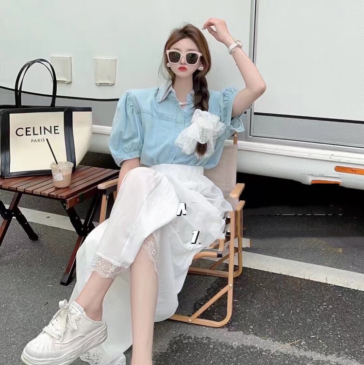 [I do] Korean versatile bubble sleeve denim shirt 8167-1# cqw