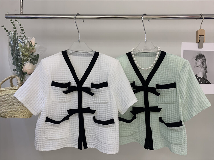 goods in stock! New in early summer! [AA studio] xiaoxiangfeng V-neck bow short sleeved blouse (only selling blouses) 3268# WPL