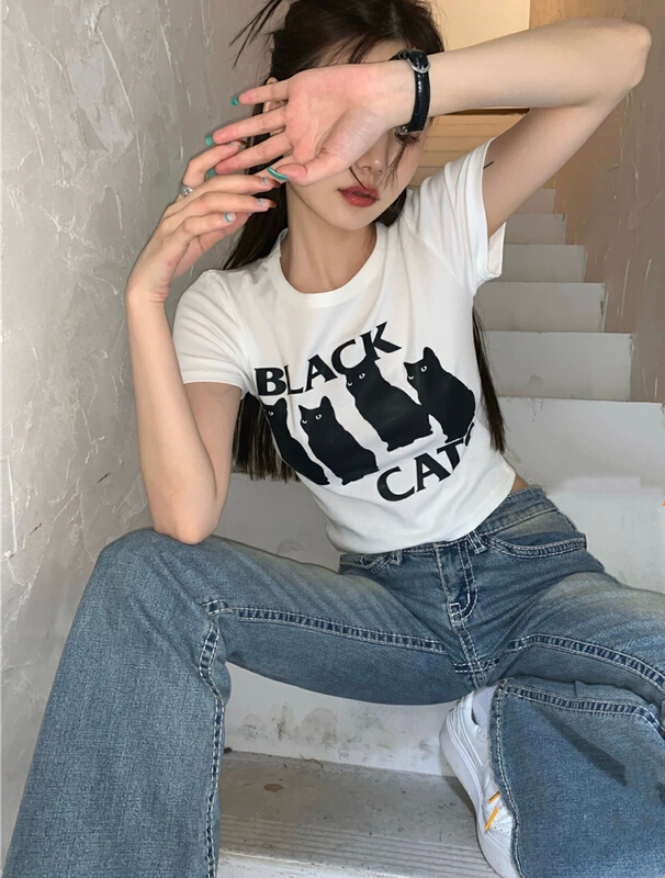 [fan fan] fashion Korean version of little black cat letter T-shirt short sleeve T-shirt 5862# JJ