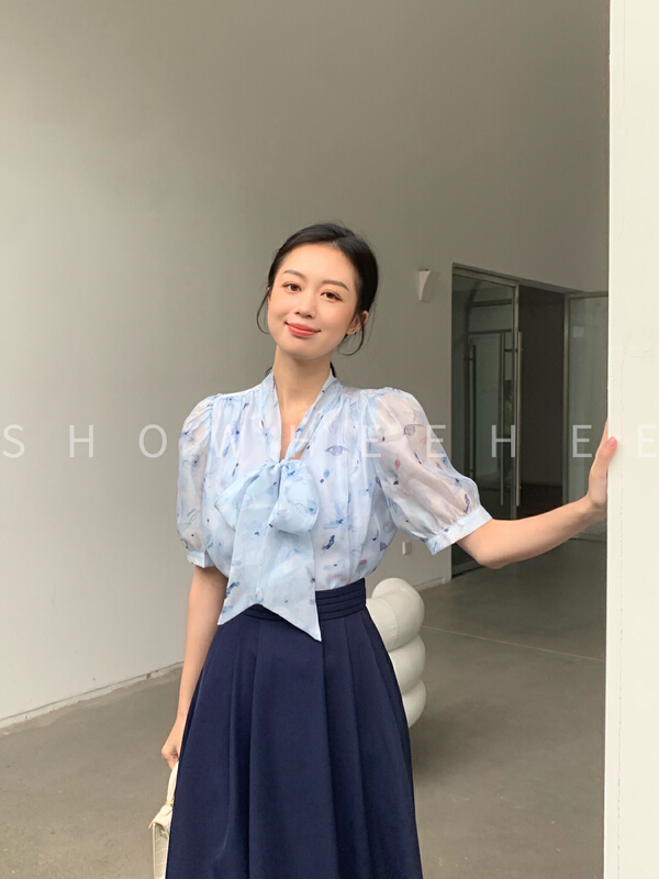 [xiuxixi] elegant temperament, printing, versatile bandage shirt 9072# zxx