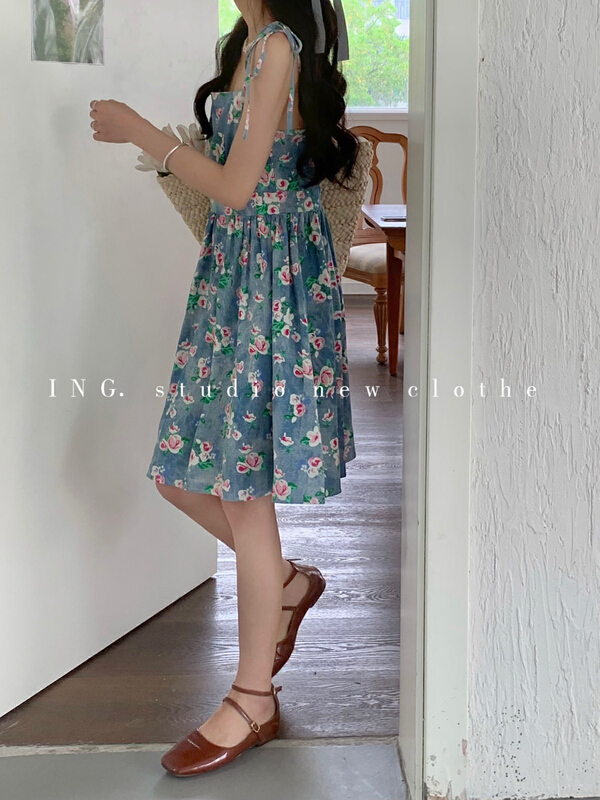 New in early summer! [ing] Vintage temperament sweet romantic flower denim suspender dress 6951# HBx