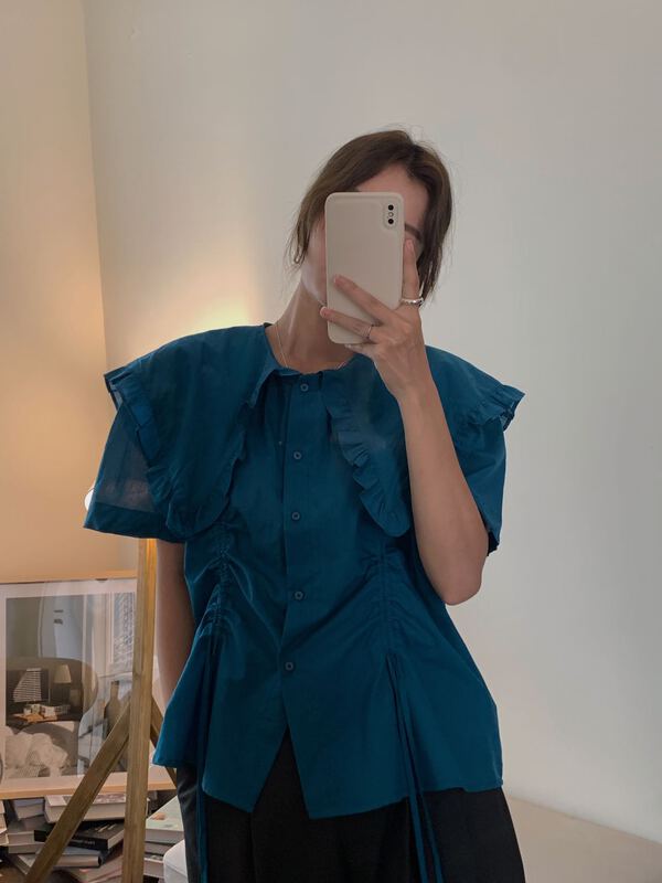 Design drawcord! [clean space] Korean simple lotus leaf collar lace drawstring soft blouse 31827# CLS