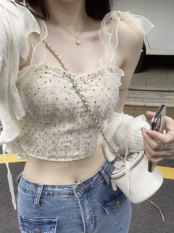 [Amanda] wave point suspender Vest + ice fungus lace sunscreen suit 5056# PCZ