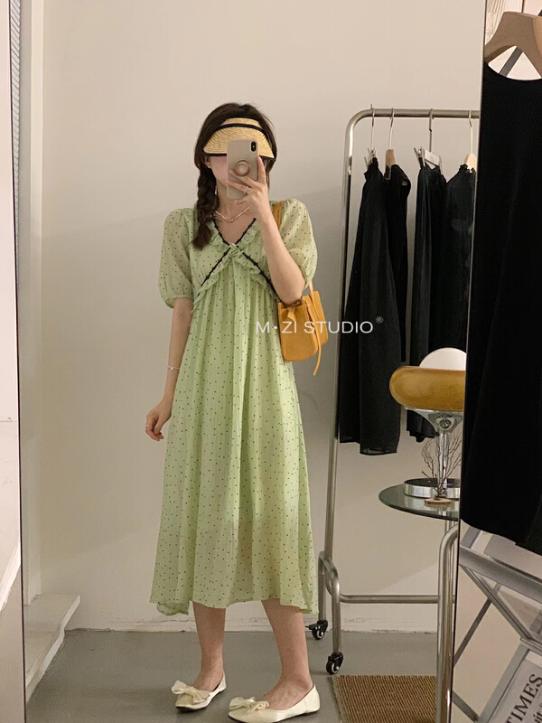 [m.zi studio] V-neck wave point contrast dress 6926# HBx