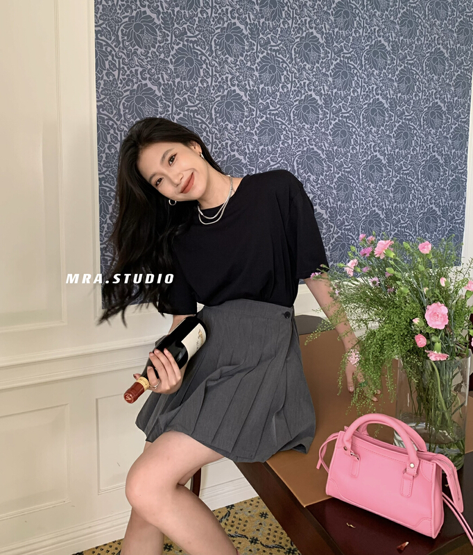[MRA] mosaic contrast Korean fake two Pleated Dress l1072# zxl
