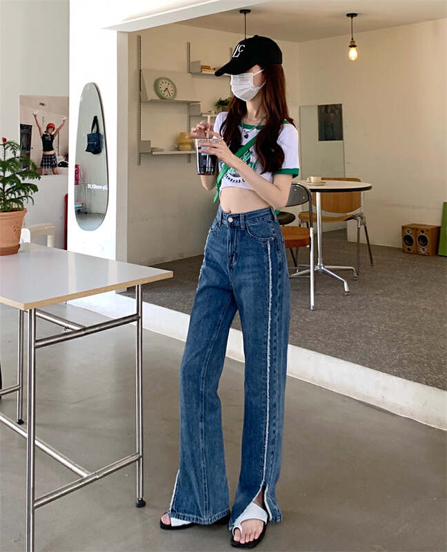 [ten. Ten] Korean version ins stitched rough edge straight jeans 36588# WPL