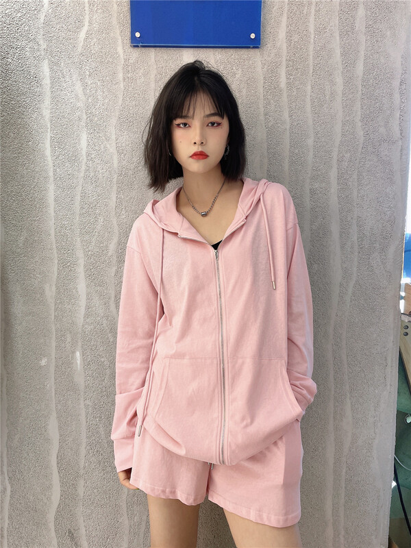 [Xixi studio] simple hooded casual coat + loose foreign style Shorts Set 8935# XYJ